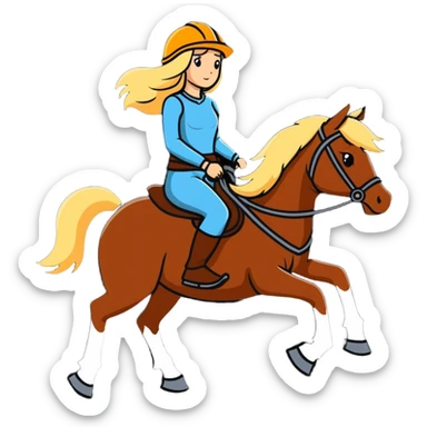 Blonde women with long hair and helmet riding dark brown horse sticker