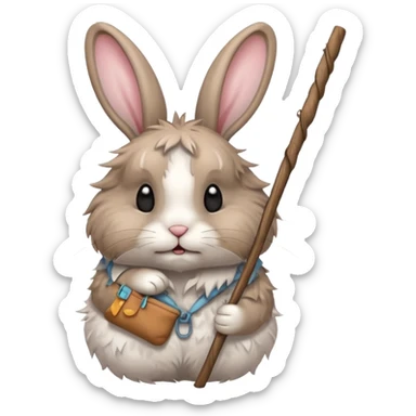 A fluffy rabbit with messy fur, carrying a patched little pouch tied to a stick, ears drooping but expression soft.
 sticker