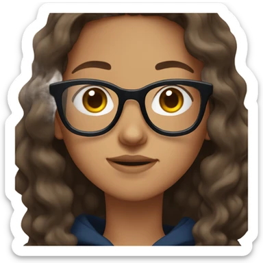 Girl with long brown wavy hair and dark blue glasses wearing a black hoodie  sticker