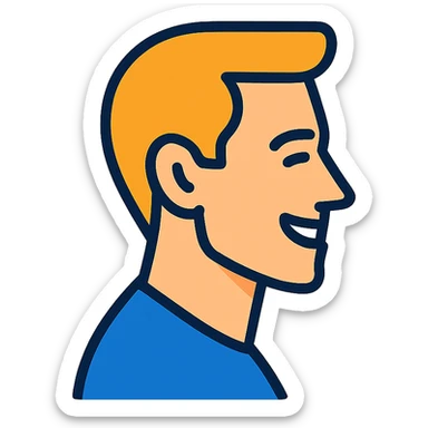 Show the same handsome white man in side profile, smiling, with short hair and a simple background. sticker