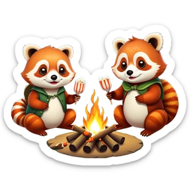 red panda and frog toasting marshmallows over a campfire sticker