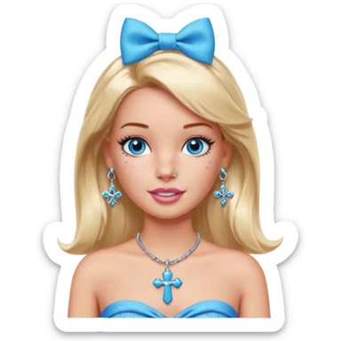 Barbie emoji with earrings and nose piercings and a cross necklace and blue eyes with bow in hair and tube top and long lashes with freckles  sticker
