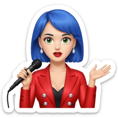 Katy Perry as an apple style emoji, with a microphone, glamorous pop star outfit, no text sticker