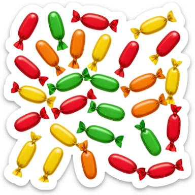 small assortment of colorful wrapped candies with twisted cellophane ends, loose scatter, shapes vary round oval square, glossy surfaces, vibrant colors red yellow green, soft lighting, subtle shadows, emoji scale sticker