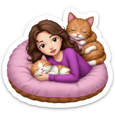 girl with long wavy brown hair, brown eyes, long lashes makeup, sexy pink lips, sleeping on a cozy pillow with 6 cats sticker