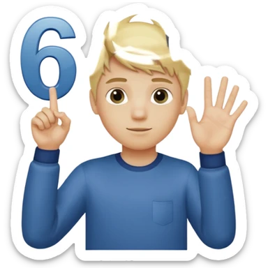 A boy with blonde hair holding up the numbers six on the left hand and 7 on the right hand  sticker