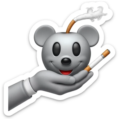 Mickey Mouse style white glove hand holding a cigarette with smoke curling up, Apple emoji style sticker