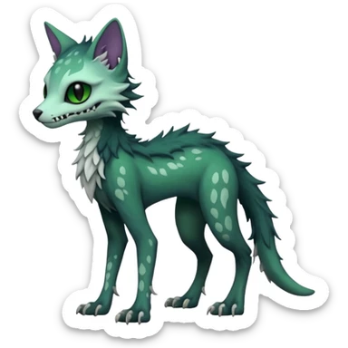 Kawaii spooky dark bleak blackish swampy white-skeletal gloomy ghostly dark greyish dark-deep-greenish foggy eldritch beautiful realistic edgy fantasy ghoul-like stitched feline-vernid-sergal-fursona animal creature with a tufted tail full body with intricate markings  sticker