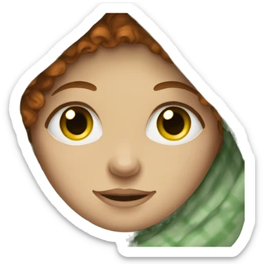 White woman with reddish brown curly hair and green greyish eyes, in a blanket sticker