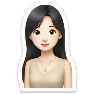 cute singaporean-chinese girl in Muji beige dress with straight long black hair and van cleef clover necklace sticker