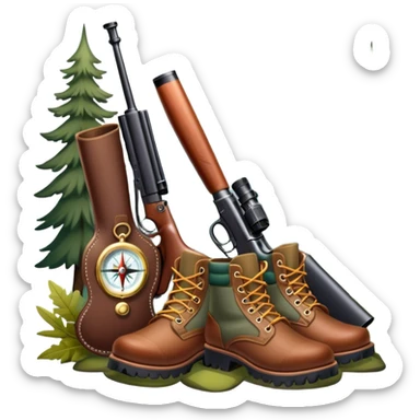 Icon for Hunting Tourism: a double-barrelled hunting rifle, hunting boots and a compass on a forest background, with a silhouette of wildlife in the distance. The icon should capture the adventure and connection with nature in hunting tourism. Transparent background. sticker