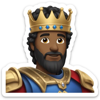 a king with a crown, wearing blue, almost purple and red armor, black hair and no beard. sticker