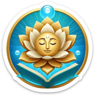 Un libro book dorado y azul celeste con detalles esmeralda, bordes luminosos y un símbolo de círculo zen, loto en la portada, irradiando presencia, tranquilidad y despertar espiritual.  sticker