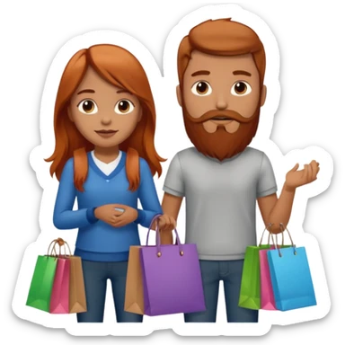 Chica con cabello cobrizo largo y chico con barba los dos con bolsas de compras  sticker