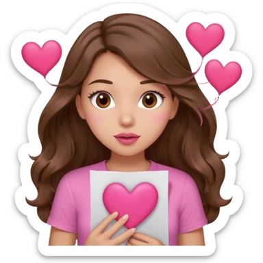 girl with long wavy brown hair, brown eyes, light to medium complexion, in a pink shirt, pink lips, long lashes, puckering up for a kiss, many  hearts in hand sticker