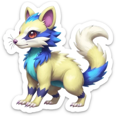 Colorful luminescent glowing Trico-Sergal-Furret-Ferret-Wolverine-Vernid-furry-fursona-fusion-Fakemon-animal-hybrid-creature, full body sticker