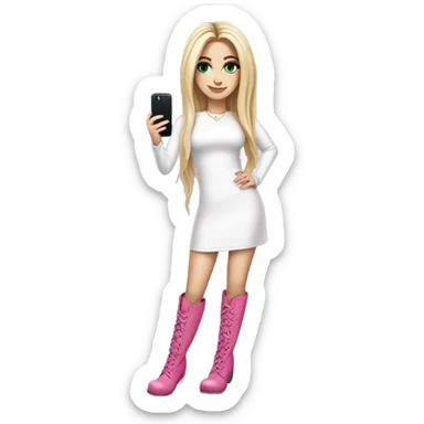 Realistic White girl with Long straight blonde hair, green eyes, tattoos, full body wearing white dress and pink knee-high leather boots, doing cute selfie pose sticker