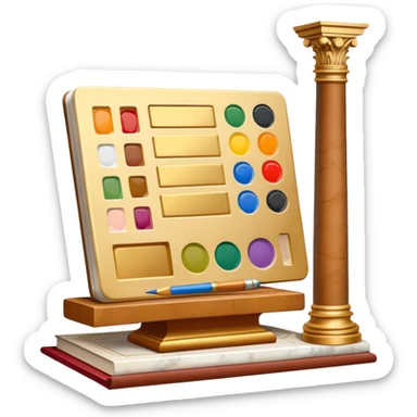 An icon featuring a paint palette, a sculpture, and a book, symbolizing the study of culture and art. The design includes a classical column and a canvas, representing art history and cultural exploration. Transparent background highlights the connection between creativity and history. sticker