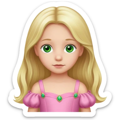 a 5 year old girl with long blond hair green eyes wearing a pink gown sticker