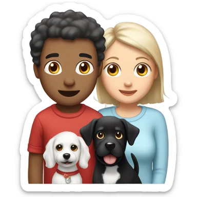 can you show me a cartoon drawing of a family with 1 teen boy and 1 teen girl 1 small white dog and 1 small black dog for a christmas card sticker