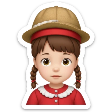 baby girl with brown hair and pigtails with a hat and red dress like My Neighbor Totoro movie sticker