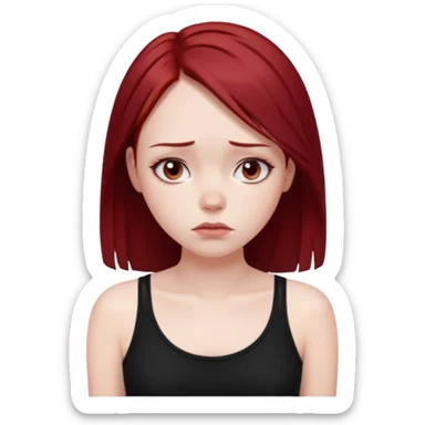 a pretty bratz fair girl with dark red straight hair, black cami top, looking sad sticker