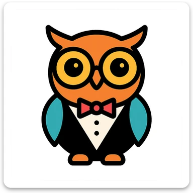 a friendly owl in a tuxedo, helpful expression, modern icon style sticker