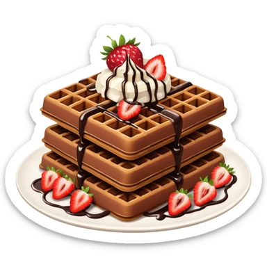 Chocolate waffles, healthy toppings like strawberries and coconut flakes, chocolate drizzle sticker