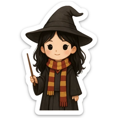 A cute witch with black hair and black eyes, Harry Potter style, facing forward. sticker