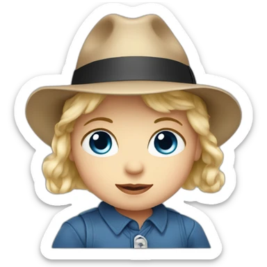 baby with blonde hair and big blue eyes with a fedora sticker