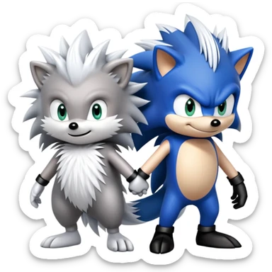 Blue Sonic the hedgehog, black Shadow the hedgehog, and small baby Silver the hedgehog holding hands together in a row sticker