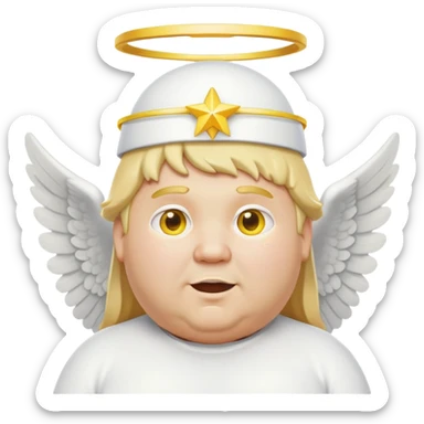 chubby man with blond hair, yellow eyes, white band outfit, tall white band hat, angel with melted halo and yellow wings, tooth cap sticker