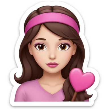 Pink and clothes emoji, inspired with brunette hair, brown eyes, long hair, heart shape lips and pink make up  and pink nails, mauve pink blush and a chocolate brown bandw sticker