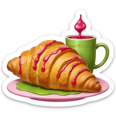 A giant croissant with a closed matcha mug with a strawberry syrup base sticker