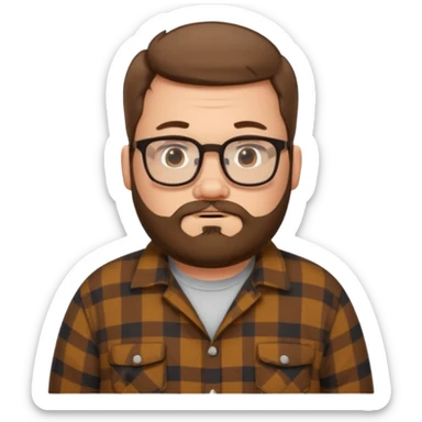 Fat white guy with glasses and short brown hair and beard wearing a cartoon flannel  sticker