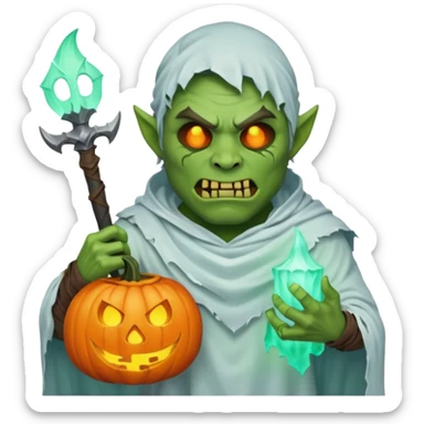 male orc warrior ghost emoji, green skin, wearing torn white ghost sheet costume, holding glowing jack-o'-lantern, faint blue aura, friendly but spooky expression, Halloween fantasy theme, Apple emoji style, clean white background, square sticker