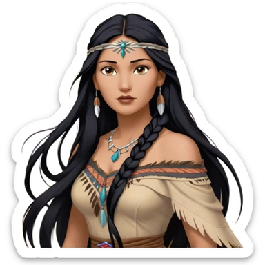 Cinematic Realistic Pocahontas Portrait, depicted with lifelike skin texture, soft natural lighting, and intricately detailed long, flowing raven-black hair that moves gracefully in the wind. Her deep, soulful dark brown eyes exude wisdom and strength, complemented by a serene yet powerful expression. She is dressed in her classic one-shoulder native american dress, with rich fabric textures and delicate beaded details that catch the light beautifully. The portrait features a soft, sun-kissed glow with a natural, radiant finish, capturing the essence of untamed beauty and deep connection to nature in a realistic and painterly style, evoking a sense of depth and authenticity. sticker