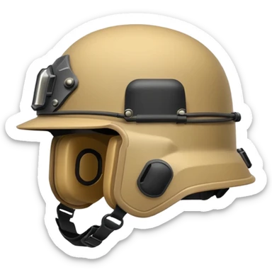 modern NATO helmet, iPhone emoji style, tan color, side view, mounts for night vision and accessories, strap sticker