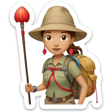 Middle aged women, long brown ponytail with wide brim hiking hat. With backpack and trekking poles. Backpack has a scallop shell with the cross of saint james hanging from it.  Remove the cross and add a scallop shell on a red string hanging from the backpack  sticker
