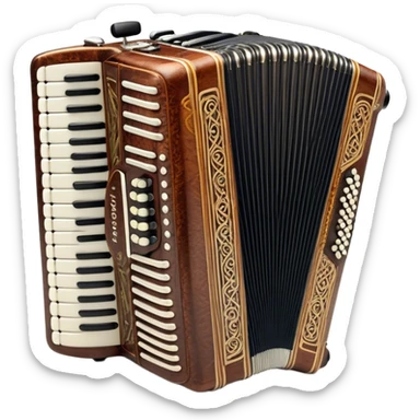 Cinematic Realistic image of a classic accordion, rendered with finely detailed textures and intricate keywork, set against a backdrop of soft, ambient lighting that highlights its vintage charm sticker
