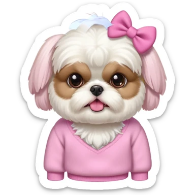 little all white shih tzu with pink bows & sweater tongue sticking out sticker