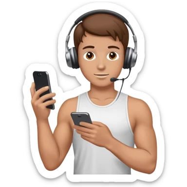 White Boy with brown hair holding phone, headphones on at gym sticker