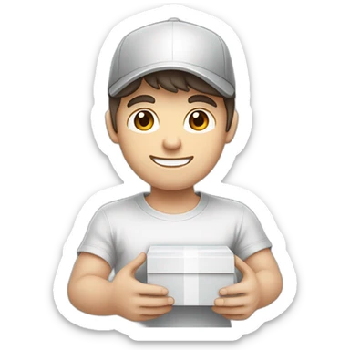 Pale skinned fit Man with dark brown hair in a white cap, gray jeans and gray polo T-shirt keeping a pasted with tape box into his hands sticker