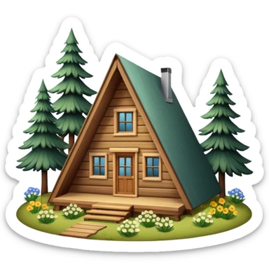 triangle small cabin in the woods, surrounded by pines, with flowers around sticker