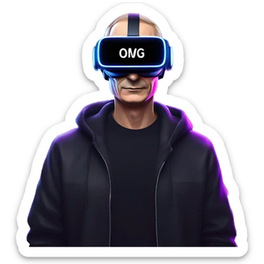 Vladimir Putin wearing a black hoodie with "OMG" letters on it and VR headset oculus quest 2 in a cyberpunk VR environment with violet neon lighting. sticker