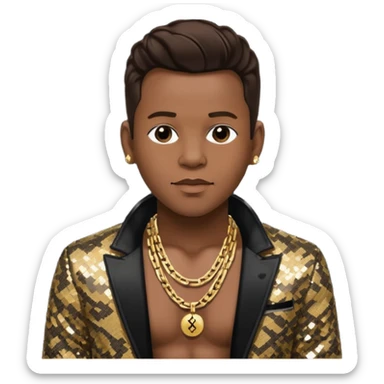 Bobby Brown with dark brown hair, black sequin jacket, shirtless with necklace sticker