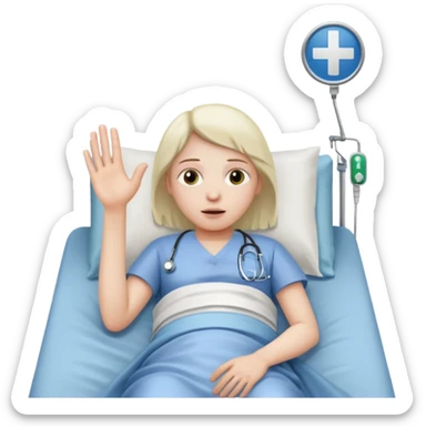 person lying in hospital bed with their eyes open holding up their left hand sticker