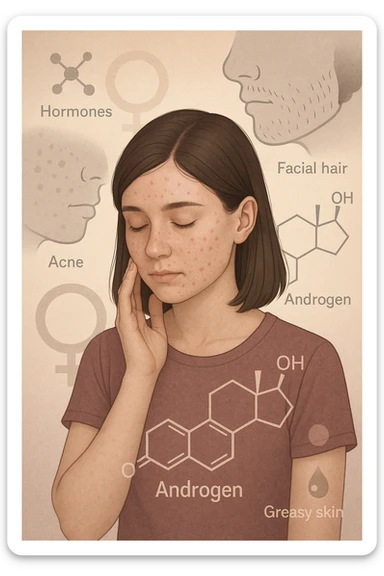 A young woman is surrounded by faint overlays of hormonal symbols and androgen molecules, with shadowy images of acne, facial hair, and oily skin projected around her, symbolizing the symptoms of PCOS with androgen excess. She looks down, gently touching her face with a resigned but hopeful expression, symbolizing her journey toward managing these symptoms. in italiano sticker