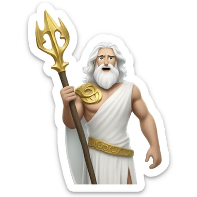 white man Poseidon with gold Trident. long white hair white dress. soot on face sticker