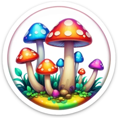 A round psychedelic colored button with bezeled edges and rainbow colored mushrooms sticker